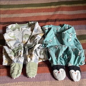 Carter's Green and Teal Dinosaur and Penguin Pajama Set